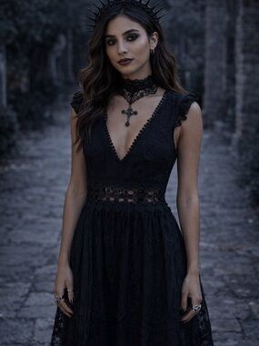 Whimsigoth Midi Sheer Dress M Black Gothic Grunge Flutter Sleeve Open Back Festi